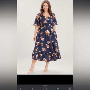 Floral Print V Neck Pocket Shirred Ruffles Midi Dress